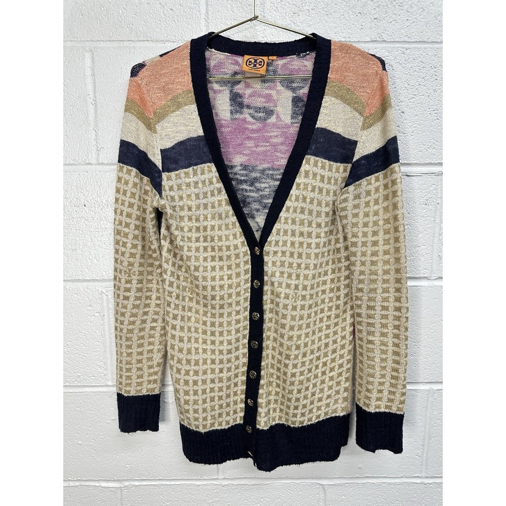 Tory Burch Linen Knit Floral Button Front Colorful Geometric Cardigan / Medium